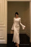 Chic Mermaid Boat Neckline Long Sleeves Silk Satin Prom Dresses Birthday Dress
