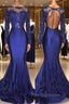 Chic Open Back Royal Blue Real Model Formal Prom Dress Lace Long Sleeves Mermaid Evening Gown