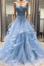 Chic Formal Prom Dress Sweetheart Sky Blue Ruffles Aline Lace Formal Prom Dress