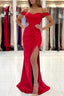 Chic Red Off-The-Shoulder Mermaid Prom Dresses Split Long Evening Gowns