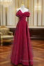 Chic Satin Long Party Dress Formal Prom Dress, A-line Red Off Shoulder Evening Dress