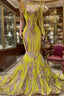 Chic Yellow Long Mermaid High Neck Tulle Lace Formal Prom Dress with Sleeves