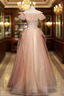 Chmpagne Pink Tulle Off the Shoulder Pearls Formal Prom Dress