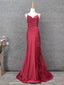 Classic Burgundy Mermaid Spaghetti Strap V-Neck Embroidered Satin Long Prom Dress Evening Dress