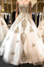 Classic Sweetheart Gold Lace Wedding Dress Sparkly Ball Gown Bridal Dress
