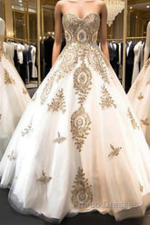 Classic Sweetheart Gold Lace Wedding Dress Sparkly Ball Gown Bridal Dress