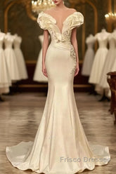 Classic White Mermaid V-Neck Satin Pearl Ruffle Long Formal Prom Dress Elegant Evening Dress