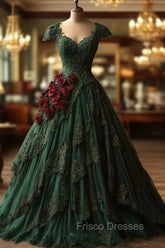 Classy Ball Gown Short Sleeves Dark Green Lace Long Party Dress Satin Formal Prom Dress