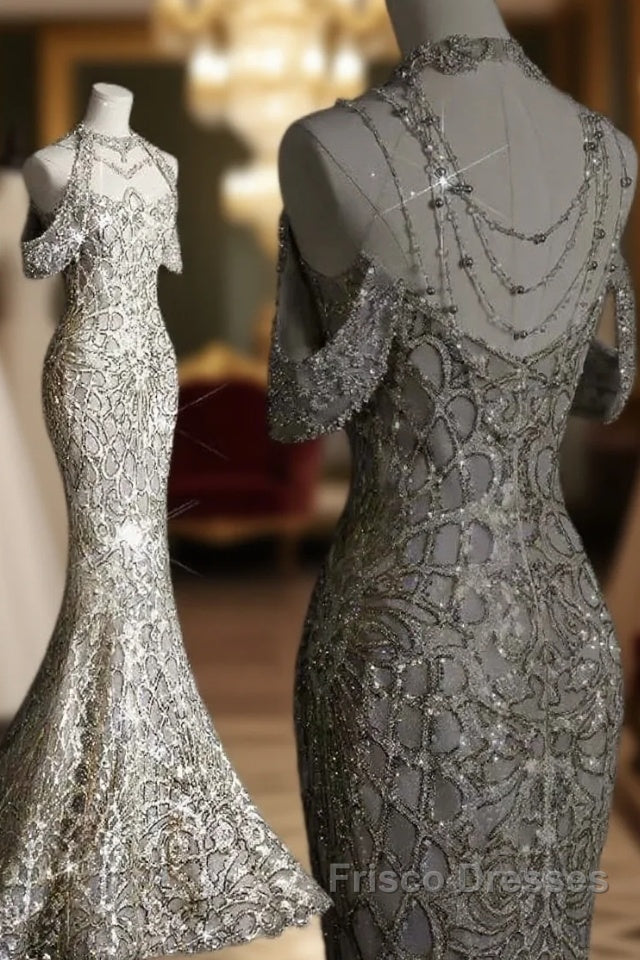 Classy Mermaid Off The Shoulder Silver Sequin Long Party Dress Formal