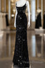 Classy Mermaid Spaghetti Straps Black Sequin Slit Long Evening Gowns Formal Prom Dress