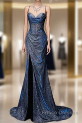 Classy Mermaid Spaghetti Straps Navy Blue Sequin Long Evening Gowns Formal Prom Dress