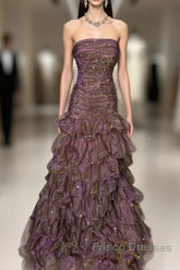 Classy Mermaid Strapless Ruffles Long Evening Dress Formal Prom Dress