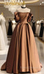Coffee Satin Off the Shoulder Pleats Formal Prom Dress