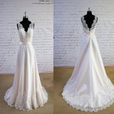 Column Sleeveless Special Wheat Color V-Neck V-Back High Waist Lace Sweep Trailing Wedding Dresses,