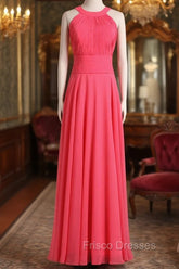 Crew Neck Watermelon Chiffon Long Bridesmaid Dress