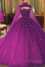 Crystals Purple Ball Gown Formal Prom Dress With Cape Sweet 16 Quinceanera Dress