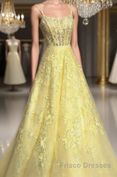 Custom Made Backless Yellow Lace Floral Long Formal Prom Dresses, Yellow Lace Formal Graduation Evening Dresses