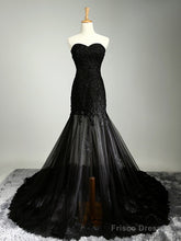 Custom Made Sweetheart Neck Mermaid Black Lace Prom Dresses With Sweep Train, Black Lace Formal Dresses