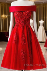 Cute A Line Off Shoulder Short Red Lace Formal Prom Dress, Short Red Bridesmaid Dress, Graduation Dress