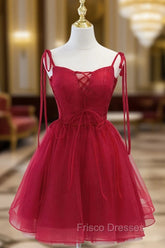 Cute Burgundy Tulle Lace Short Formal Prom Dress, Lace Burgundy Puffy Homecoming Dress