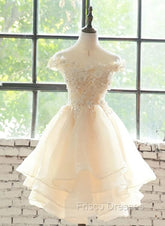 Cute Champagne Organza Layers Knee Length Homecoming Dress with Lace, Short Formal Prom Dress