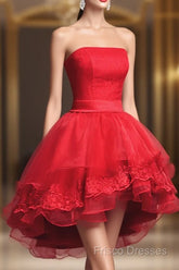 Cute Dark Red Tulle And Lace High Low Homecoming Dress, Short Party Dress