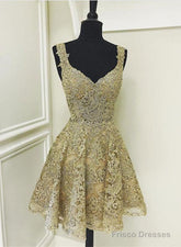 Cute Gold Lace V Neck Short Prom Dress, Homecoming Dress