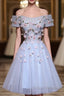 Cute Gray Blue Tulle Short Formal Prom Dress, Off The Shoulder Homecoming Dress