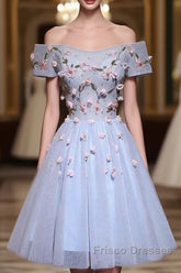 Cute Gray Blue Tulle Short Formal Prom Dress, Off The Shoulder Homecoming Dress