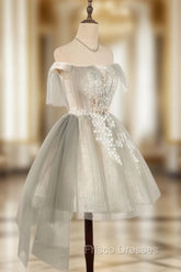 Cute Gray Tulle Lace Short Formal Prom Dress, Gray Tulle Puffy Homecoming Dress