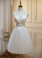 Cute Ivory Tulle V-Neckline Short Party Dress, A-Line Graduation Dress Prom Dress