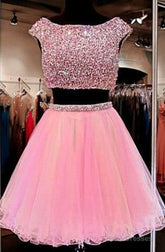 Cute Jewel Two Pieces Beading Pink Homecoming Dress