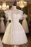 Cute Lace Short A-Line Formal Prom Dress, Champagne Mini Homecoming Party Dress