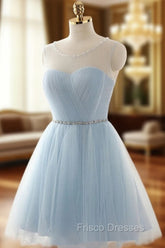 Cute Light Blue Homecoming Dress With Belt, Lovely Short Formal Prom Dress