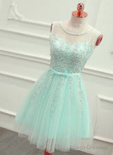 Cute Mint Green Tulle Short Party Dress With Lace Applique, Homecoming Dress