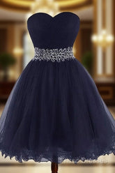 Cute Navy Blue Sweetheart Beaded Homecoming Dress, Short Formal Prom Dress