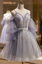 Cute Off Shoulder Tulle And Lace Straps Homecoming Dress, Short Formal Prom Dress