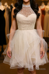 Cute Open Back Champagne Beaded Short Formal Prom Dresses, Fluffy Champagne Beaded Homecoming Dresses