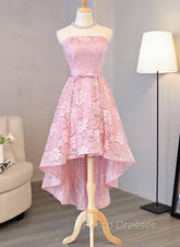 Cute Pink High Low Lace Scoop Homecoming Dress, Pink Short Formal Prom Dress