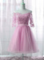Cute Pink Knee Length Short Sleeves Party Dress, Tulle Formal Prom Dress