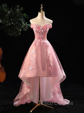 Cute Pink Off Shoulder High Low Tulle with Lace Party Dress, Pink Homecoming Dress
