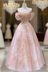 Cute Pink Tulle Lace Short A-Line Formal Prom Dress