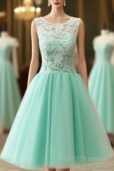 Cute Round Neck Lace Tulle Short Green Formal Prom Dress, Bridesmaid Dress