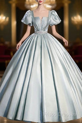 Cute Satin Floor Length Formal Prom Dress, A-Line Short Sleeve Formal Party Dress