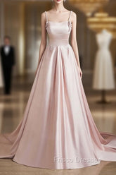 Cute Satin Long A-Line Pink Formal Prom Dress, Spaghetti Straps Evening Dress