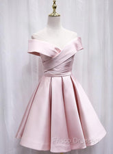 Cute Satin Pink Sweetheart Off Shoulder Knee Length Party Dress, Short Formal Prom Dress