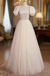 Cute Satin Tulle Long Formal Prom Dress, A-Line Short Sleeve Evening Dress