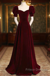 Cute Short Sleeves Burgundy Long Formal Prom Dress