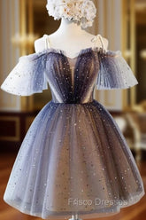 Cute Short Tulle Lace Spaghetti-Straps V-Neck Formal Prom Dress, Homecoming Dress