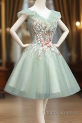 Cute Short Tulle V-Neckline With Flower Lace Party Dress Homecoming Dress, Short Formal Dress